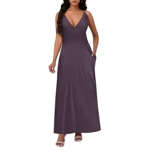 Womens V Neck Casual Outfits Long Flowy Solid Color Maxi Dresses Vacation Beach Cover ups Wedding Guests Sun Dress