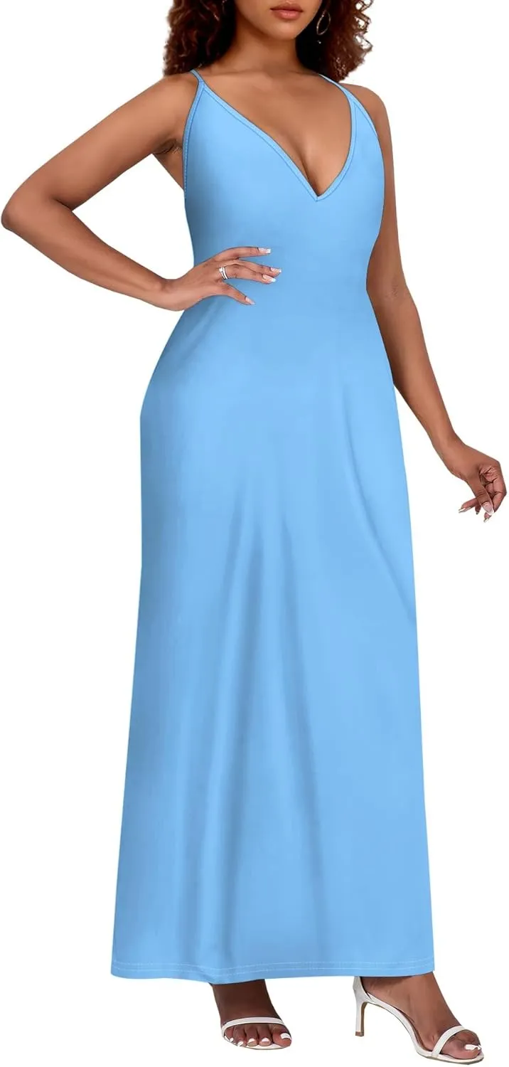 Womens V Neck Casual Outfits Long Flowy Solid Color Maxi Dresses Vacation Beach Cover ups Wedding Guests Sun Dress