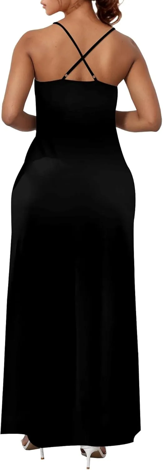 Womens V Neck Casual Outfits Long Flowy Solid Color Maxi Dresses Vacation Beach Cover ups Wedding Guests Sun Dress
