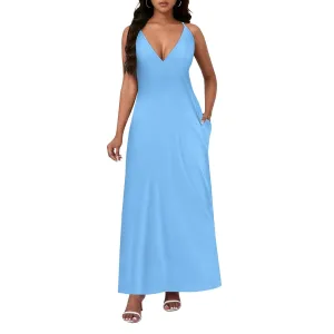 Womens V Neck Casual Outfits Long Flowy Solid Color Maxi Dresses Vacation Beach Cover ups Wedding Guests Sun Dress