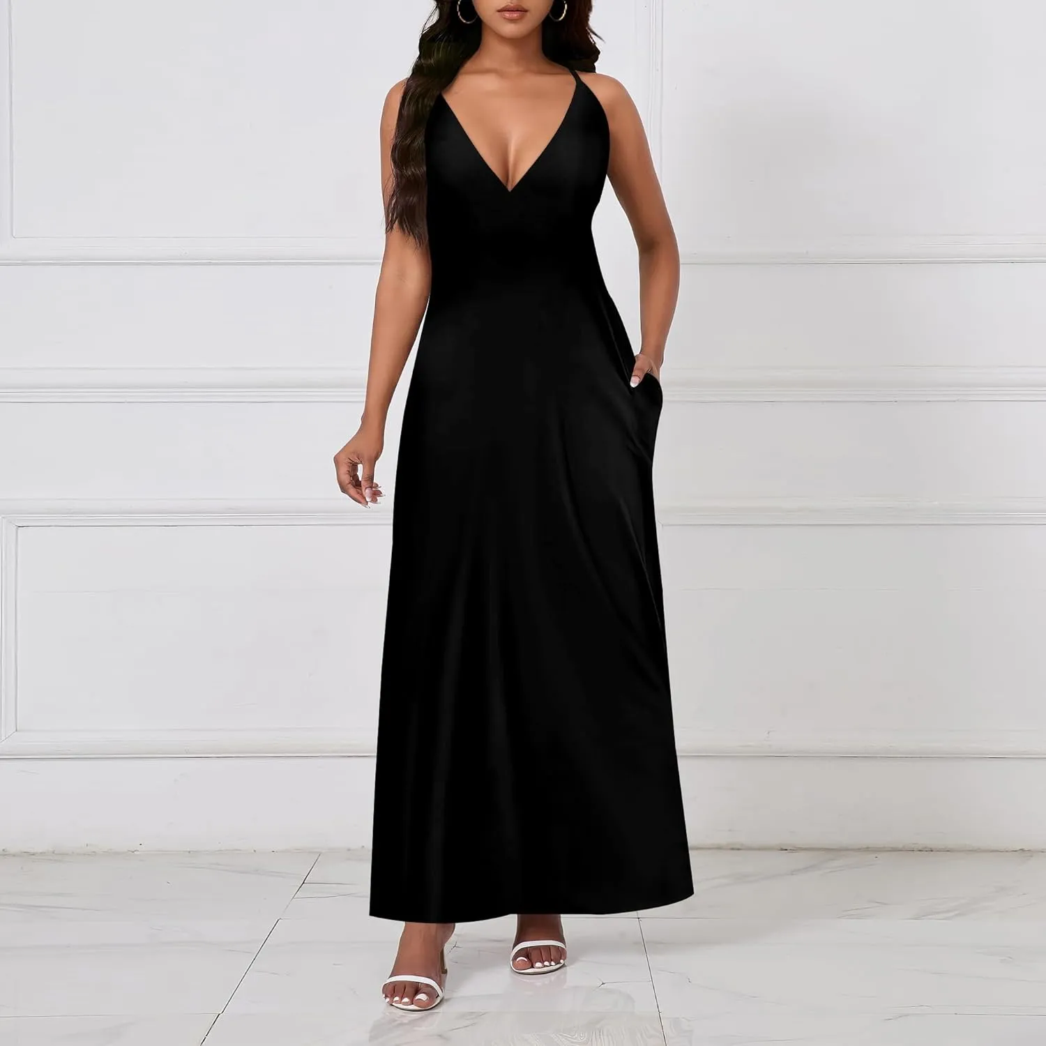 Womens V Neck Casual Outfits Long Flowy Solid Color Maxi Dresses Vacation Beach Cover ups Wedding Guests Sun Dress