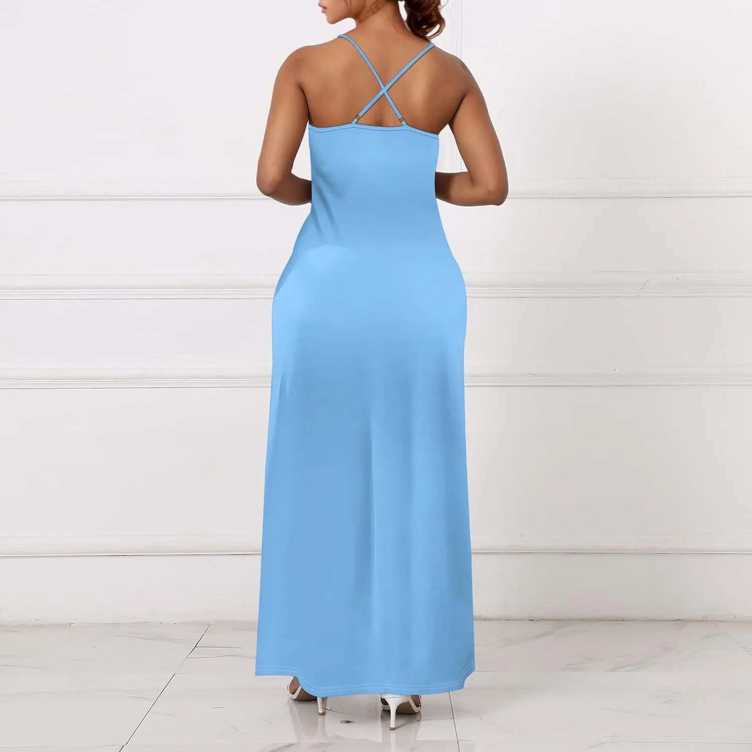Womens V Neck Casual Outfits Long Flowy Solid Color Maxi Dresses Vacation Beach Cover ups Wedding Guests Sun Dress