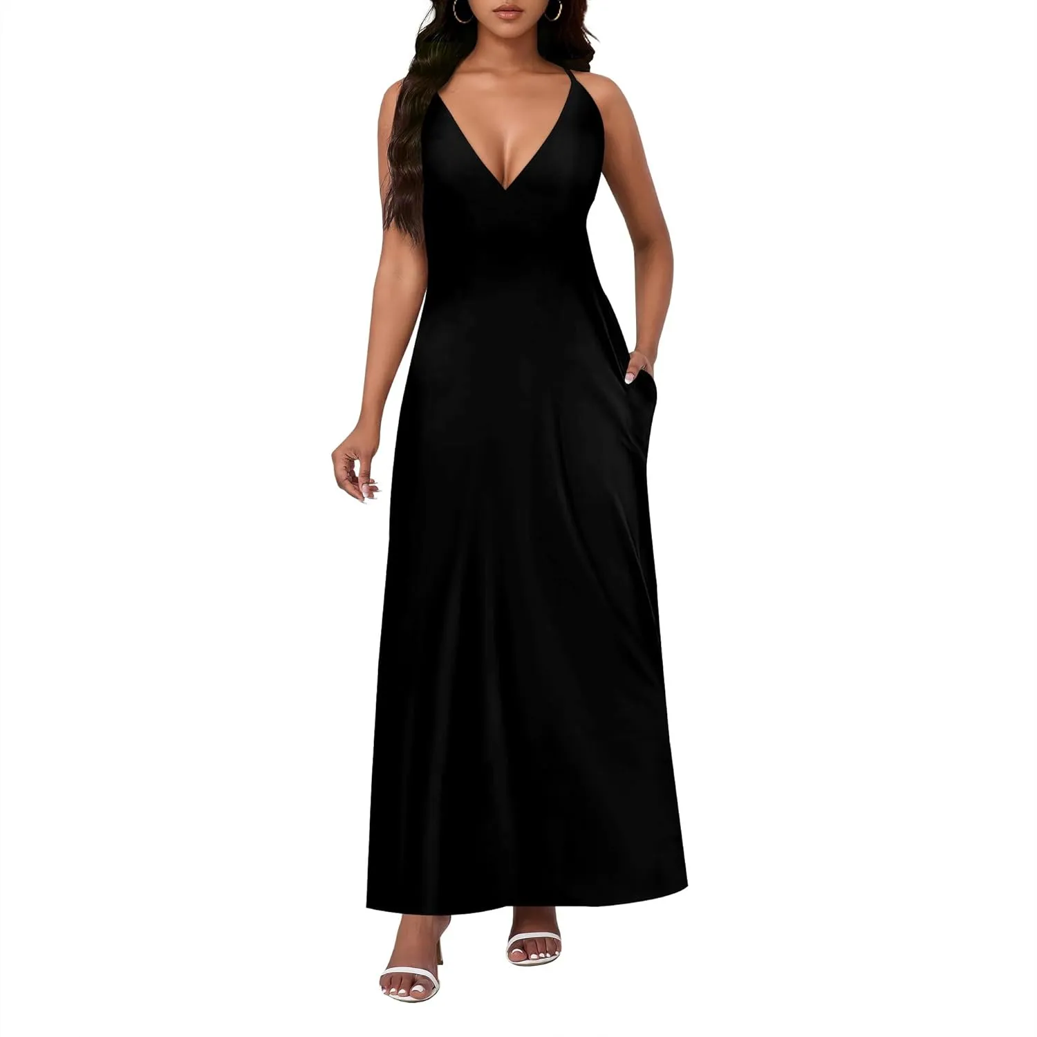 Womens V Neck Casual Outfits Long Flowy Solid Color Maxi Dresses Vacation Beach Cover ups Wedding Guests Sun Dress