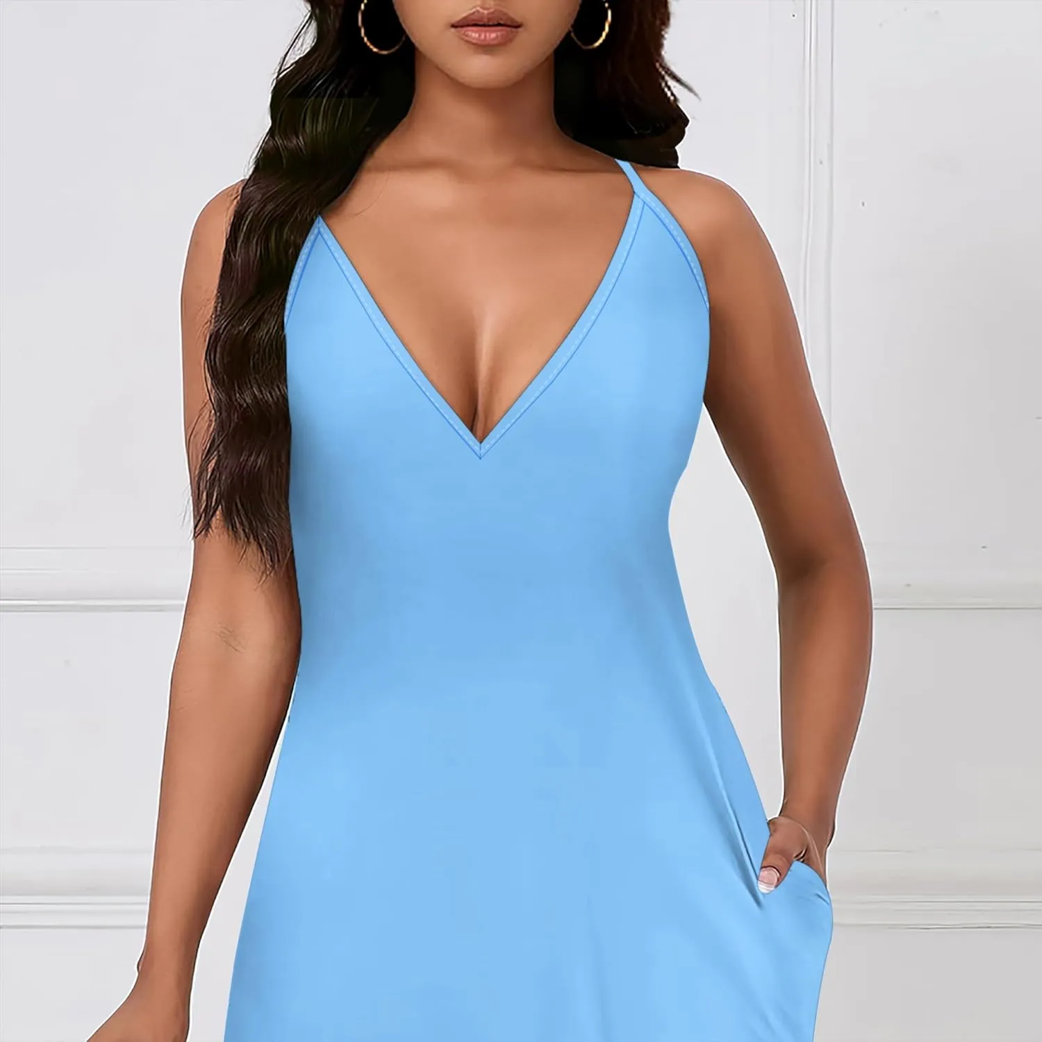 Womens V Neck Casual Outfits Long Flowy Solid Color Maxi Dresses Vacation Beach Cover ups Wedding Guests Sun Dress