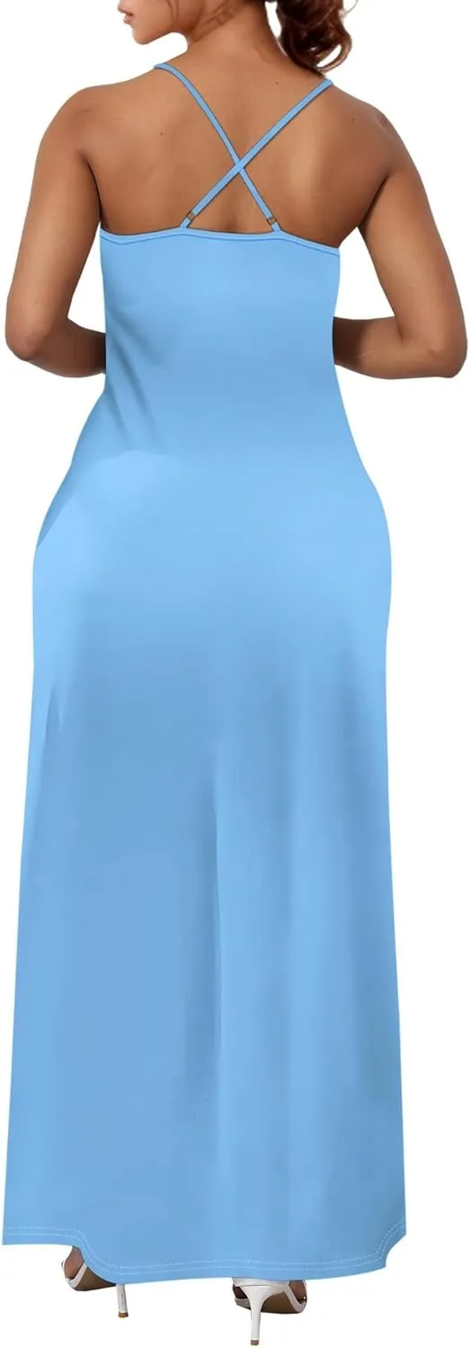 Womens V Neck Casual Outfits Long Flowy Solid Color Maxi Dresses Vacation Beach Cover ups Wedding Guests Sun Dress