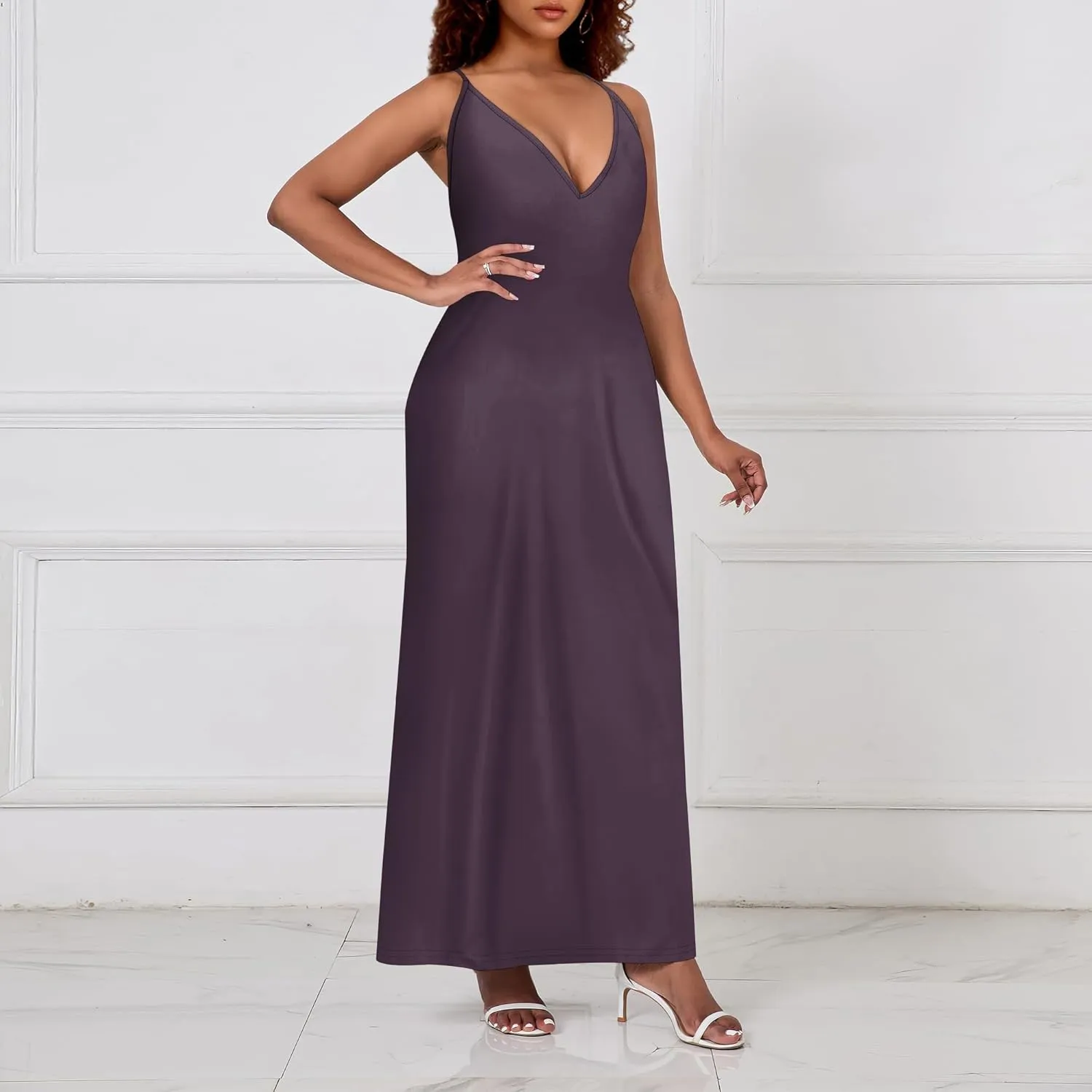 Womens V Neck Casual Outfits Long Flowy Solid Color Maxi Dresses Vacation Beach Cover ups Wedding Guests Sun Dress