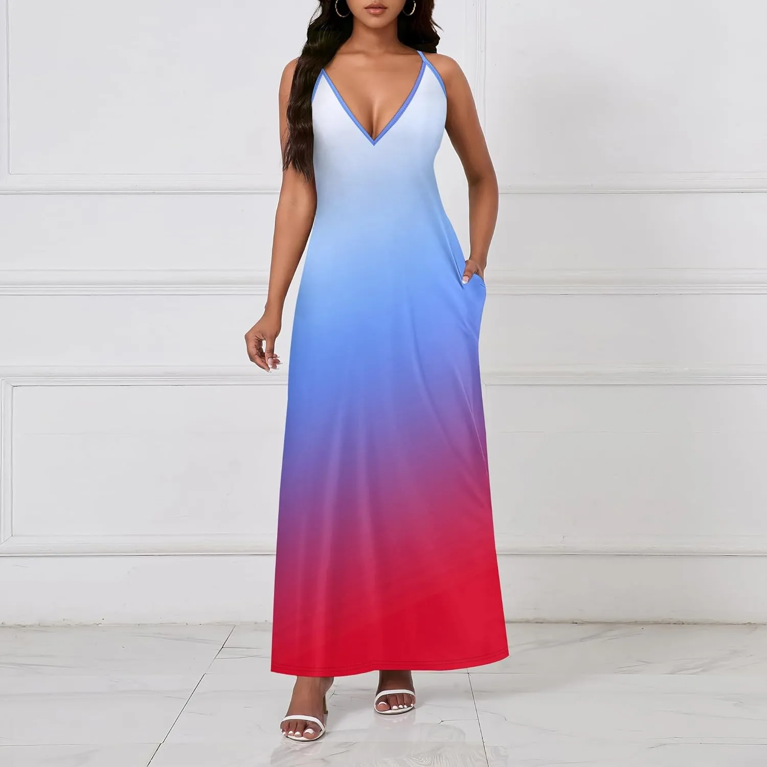 Womens V Neck Casual Outfits Long Flowy Solid Color Maxi Dresses Vacation Beach Cover ups Wedding Guests Sun Dress
