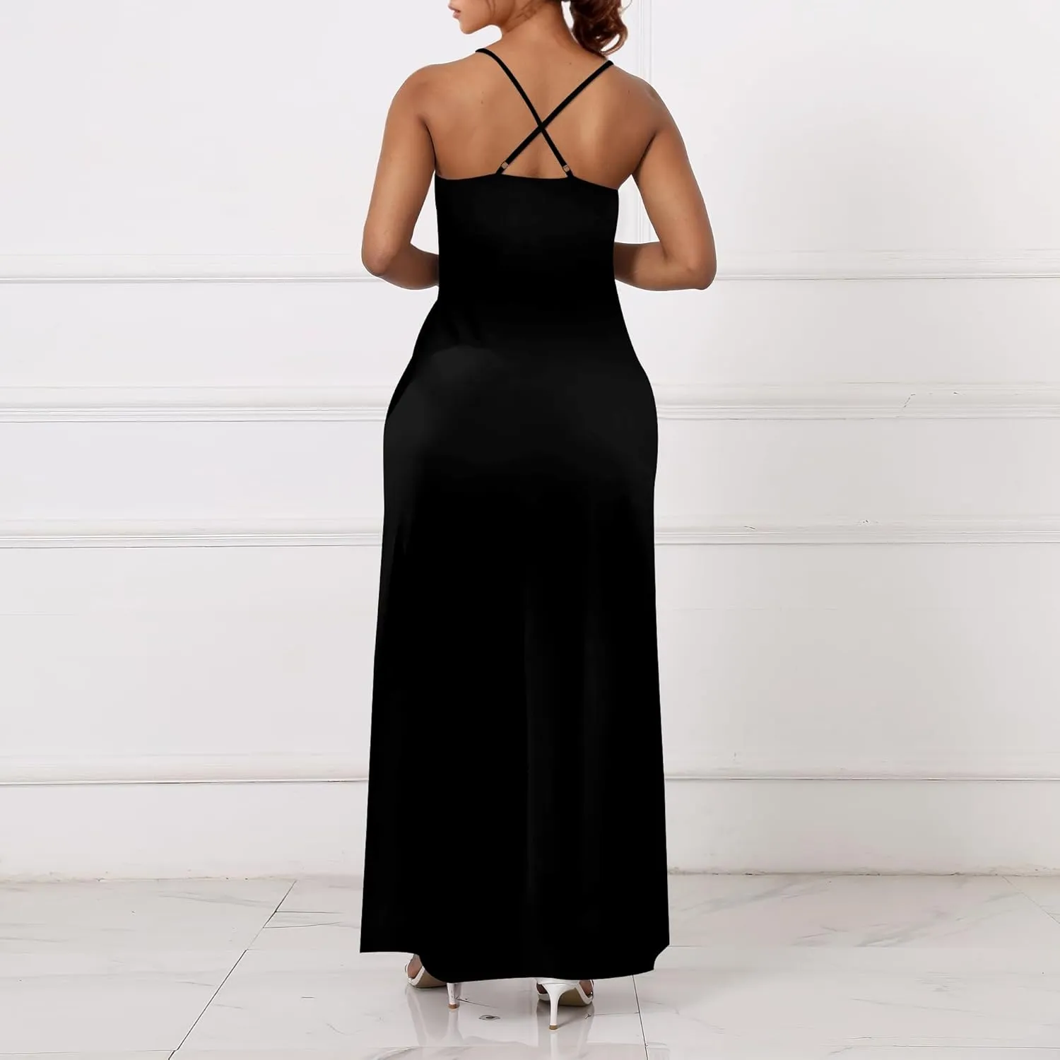 Womens V Neck Casual Outfits Long Flowy Solid Color Maxi Dresses Vacation Beach Cover ups Wedding Guests Sun Dress