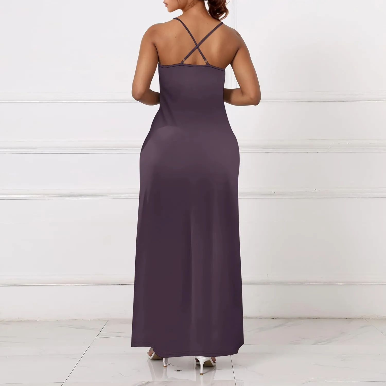 Womens V Neck Casual Outfits Long Flowy Solid Color Maxi Dresses Vacation Beach Cover ups Wedding Guests Sun Dress