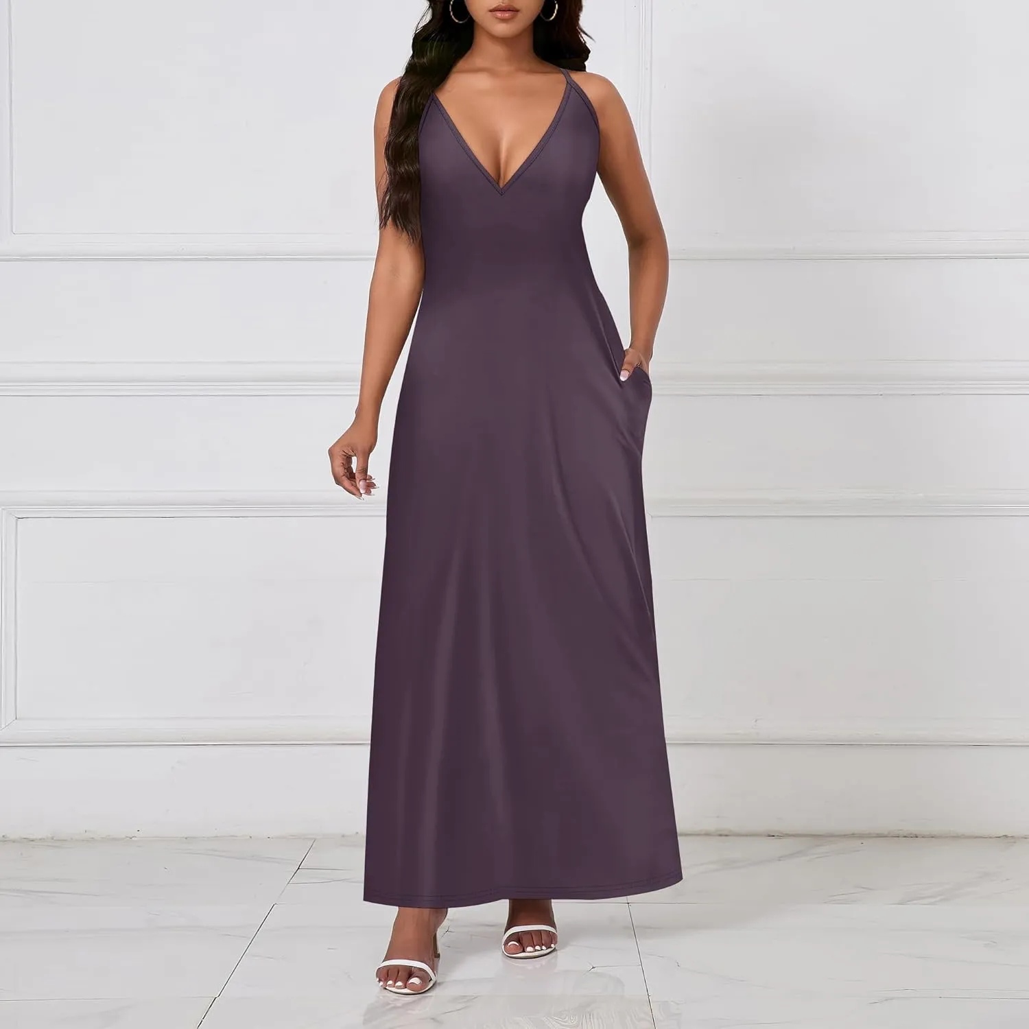 Womens V Neck Casual Outfits Long Flowy Solid Color Maxi Dresses Vacation Beach Cover ups Wedding Guests Sun Dress