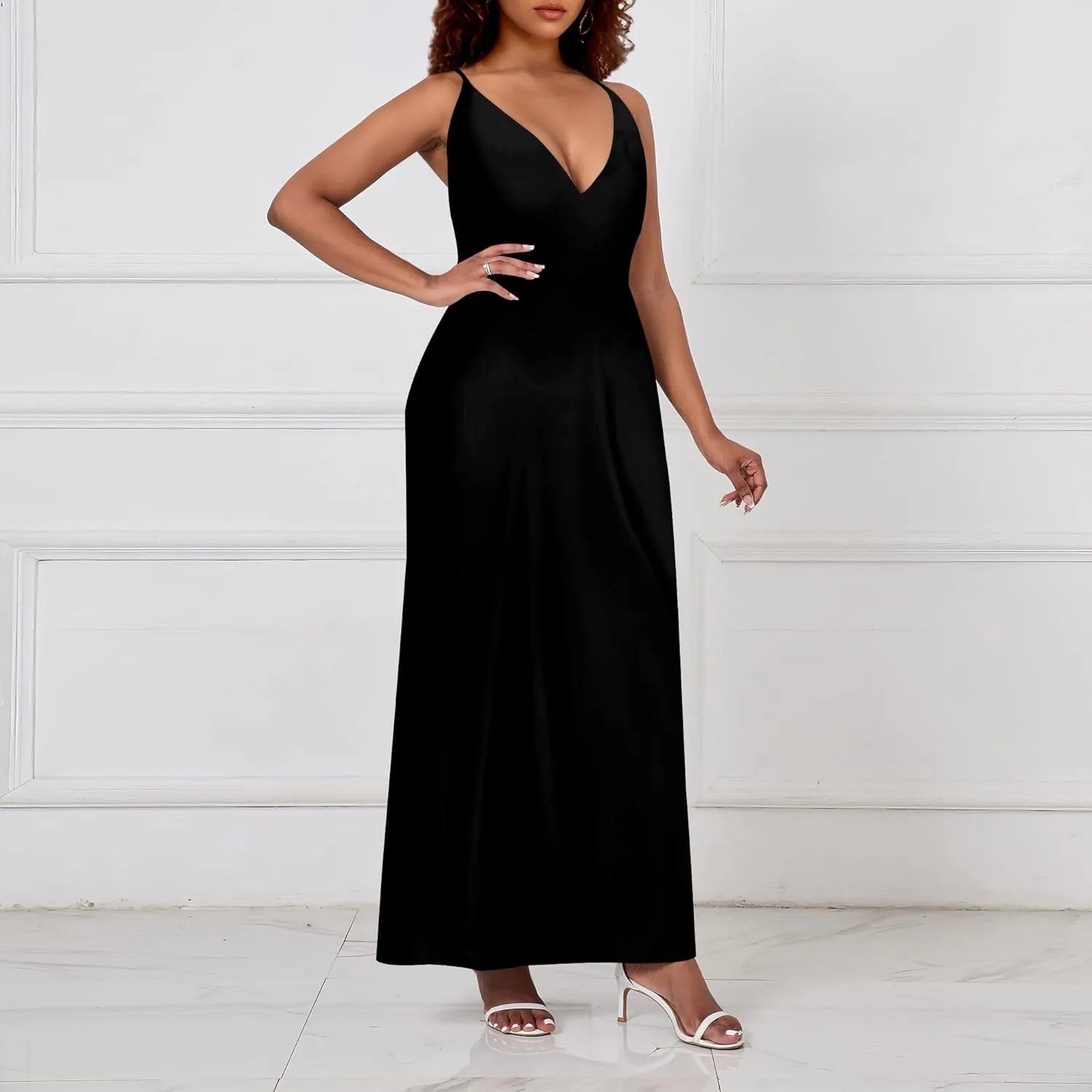Womens V Neck Casual Outfits Long Flowy Solid Color Maxi Dresses Vacation Beach Cover ups Wedding Guests Sun Dress