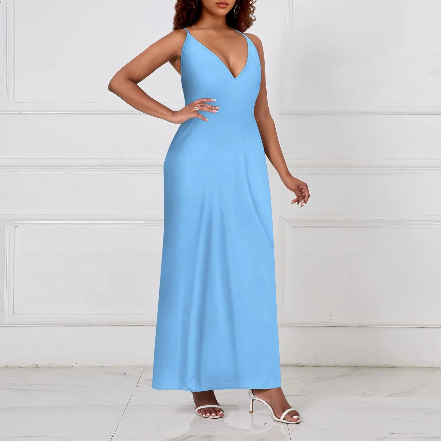 Womens V Neck Casual Outfits Long Flowy Solid Color Maxi Dresses Vacation Beach Cover ups Wedding Guests Sun Dress