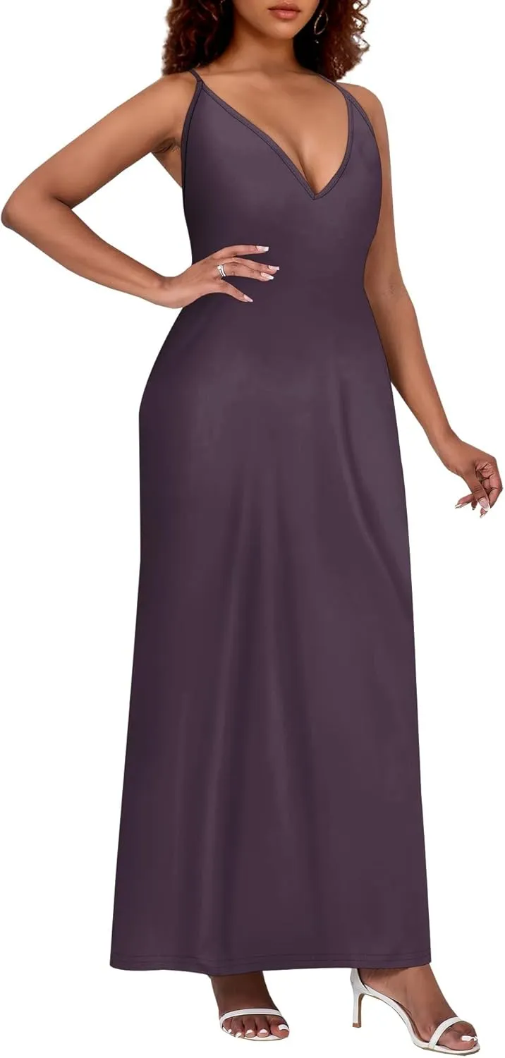 Womens V Neck Casual Outfits Long Flowy Solid Color Maxi Dresses Vacation Beach Cover ups Wedding Guests Sun Dress