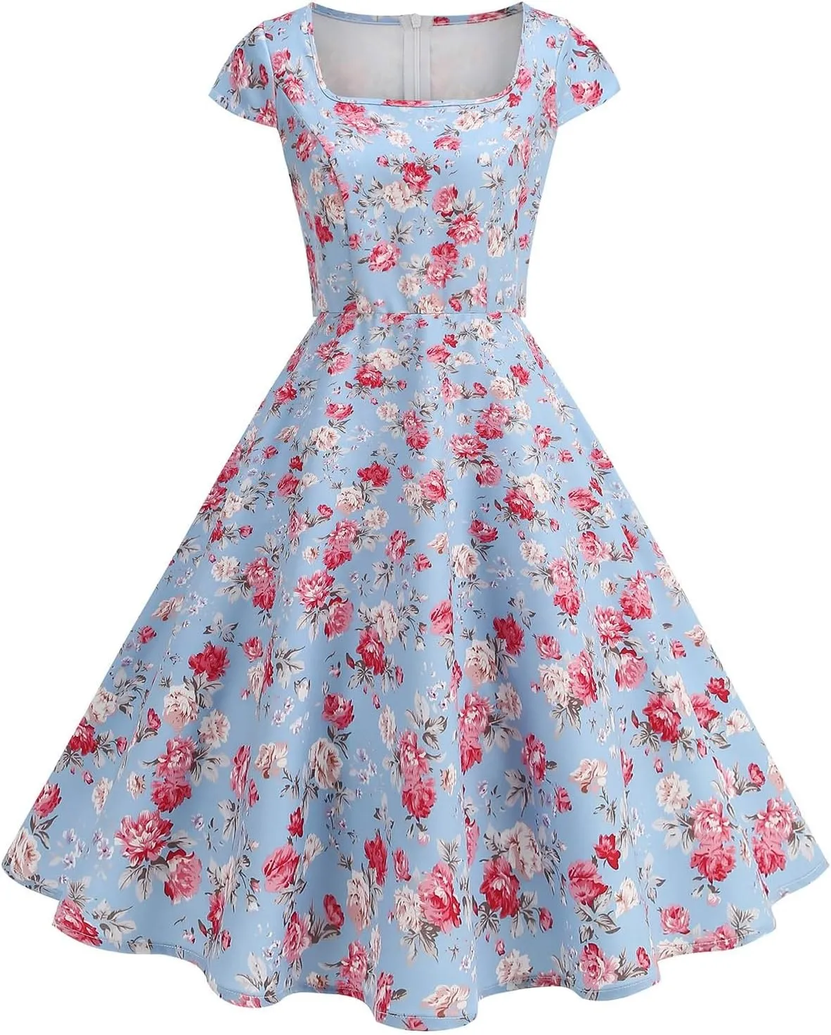 Womens Vintage 1950s Party Dresses Casual Pleated A-Line Floral Print Cocktail Dress Short Sleeve Elegant Dresses