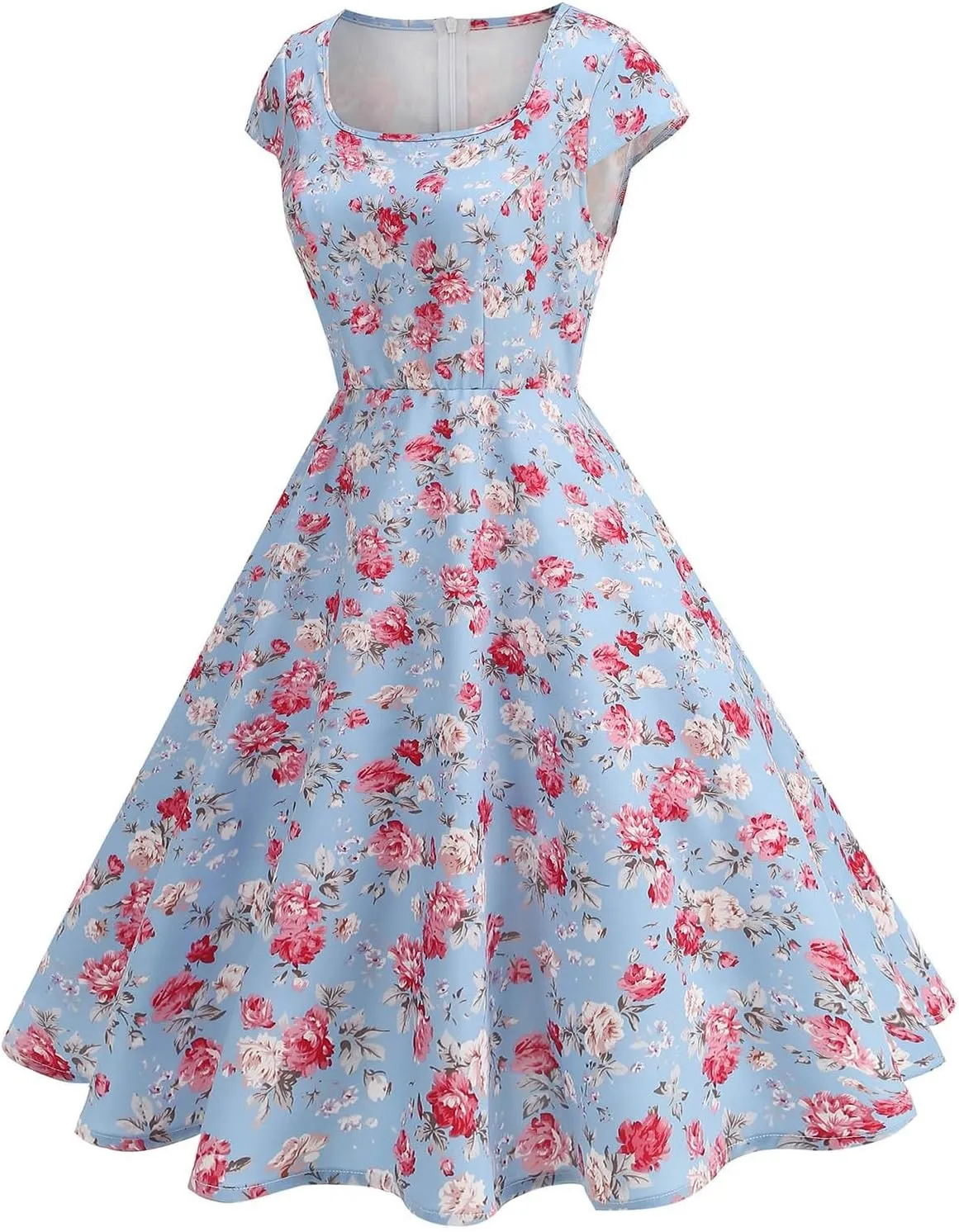 Womens Vintage 1950s Party Dresses Casual Pleated A-Line Floral Print Cocktail Dress Short Sleeve Elegant Dresses