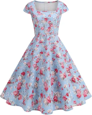 Womens Vintage 1950s Party Dresses Casual Pleated A-Line Floral Print Cocktail Dress Short Sleeve Elegant Dresses