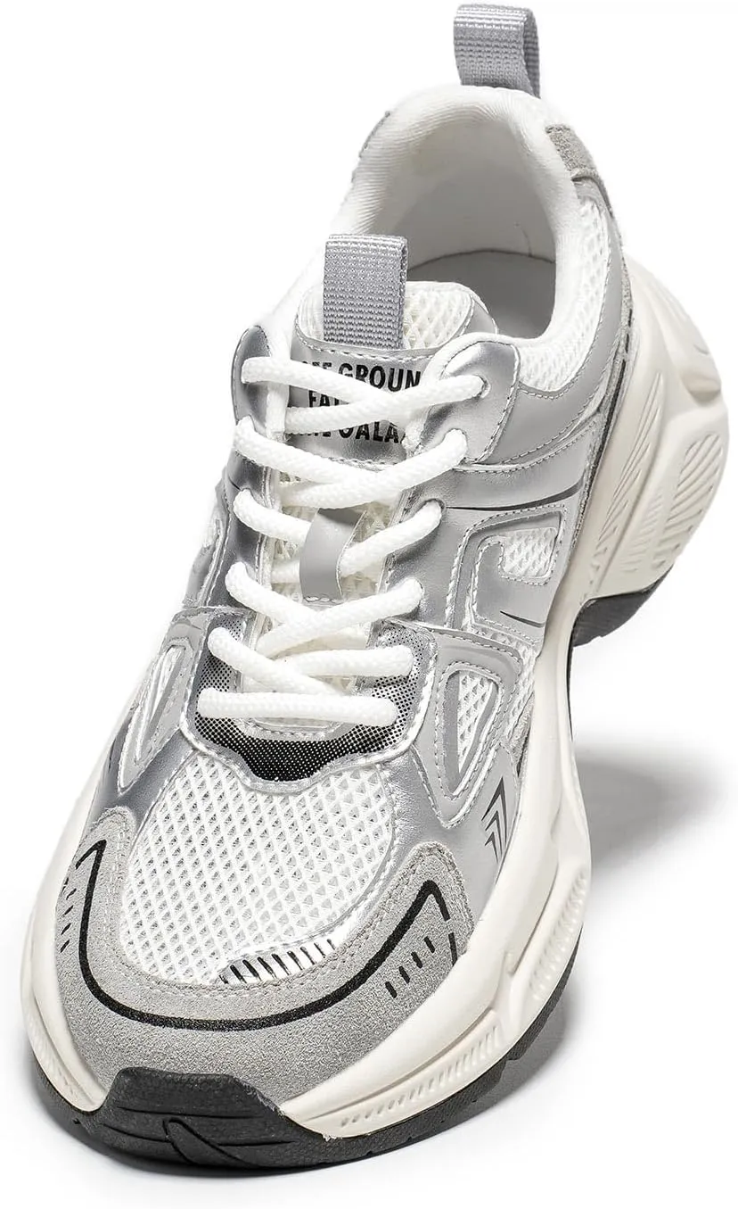 Women's Walking Shoes, Chunky Sneakers for Women Fashion Platform Comfortable Leather Mesh Running Shoes Casual Lace Up Sport Tennis Shoes