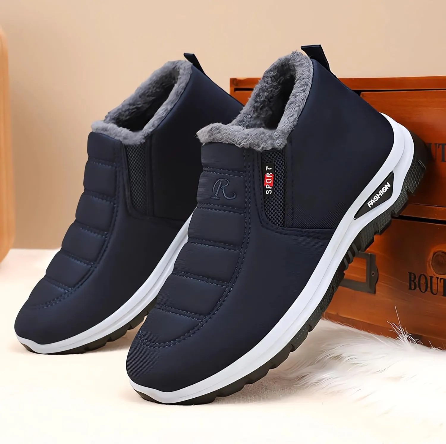 Women's Warm Sheepskin-Lined Boots Ladies Winter Ankle Slip on Short Snow Fur Lined Boots Comfortable Waterproof Orthopedic Walking Fur Fuzzy Thermal Soft Booties Wide Warm Arch Support Shoes