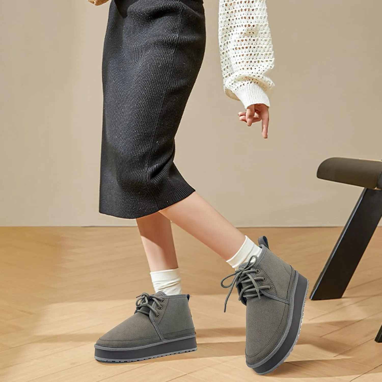 Women's Winter Snow Boots Mini Ankle Boots Suede Lace Up Fur lined Short Boots Cozy Warm Platform Booties for Women