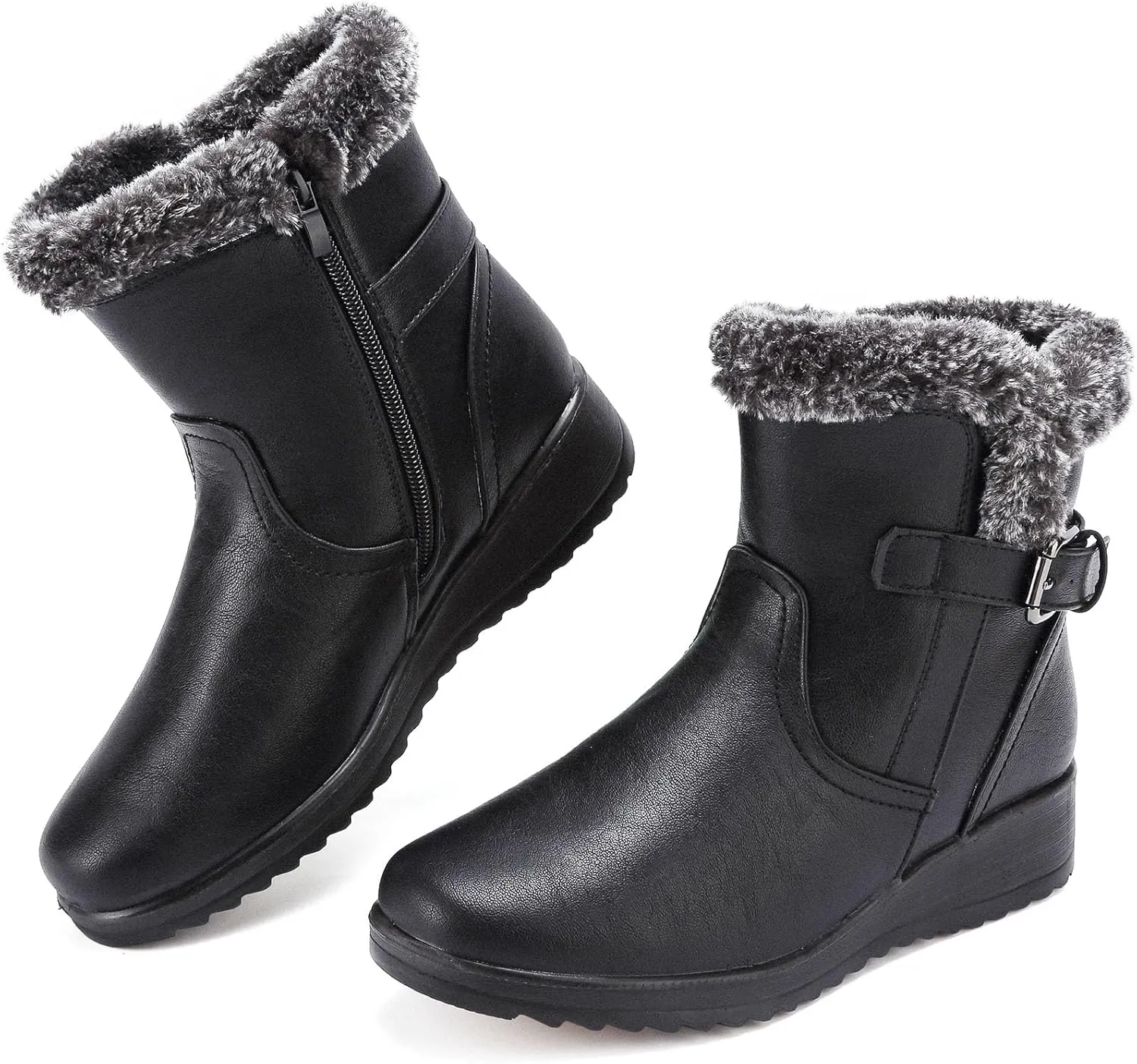 Womens Winter Snow Boots With Leather Comfortable Warm Fur Lining Zipper Ankle Booties Outdoor Platform Waterproof Walking Boots for Women