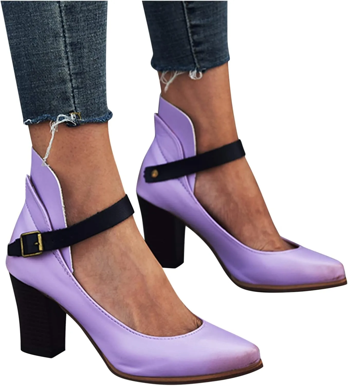 Work Shoes Shoes Single Women Shoes Leisure Toe Pointed Color Strap Heels Solid Buckle High Women's Pumps Metallic Heels