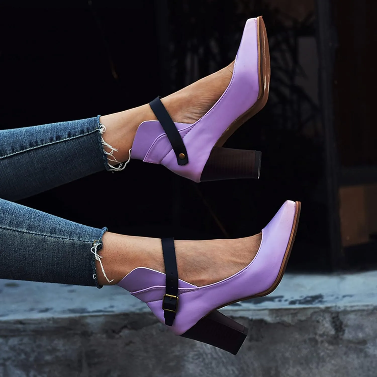 Work Shoes Shoes Single Women Shoes Leisure Toe Pointed Color Strap Heels Solid Buckle High Women's Pumps Metallic Heels