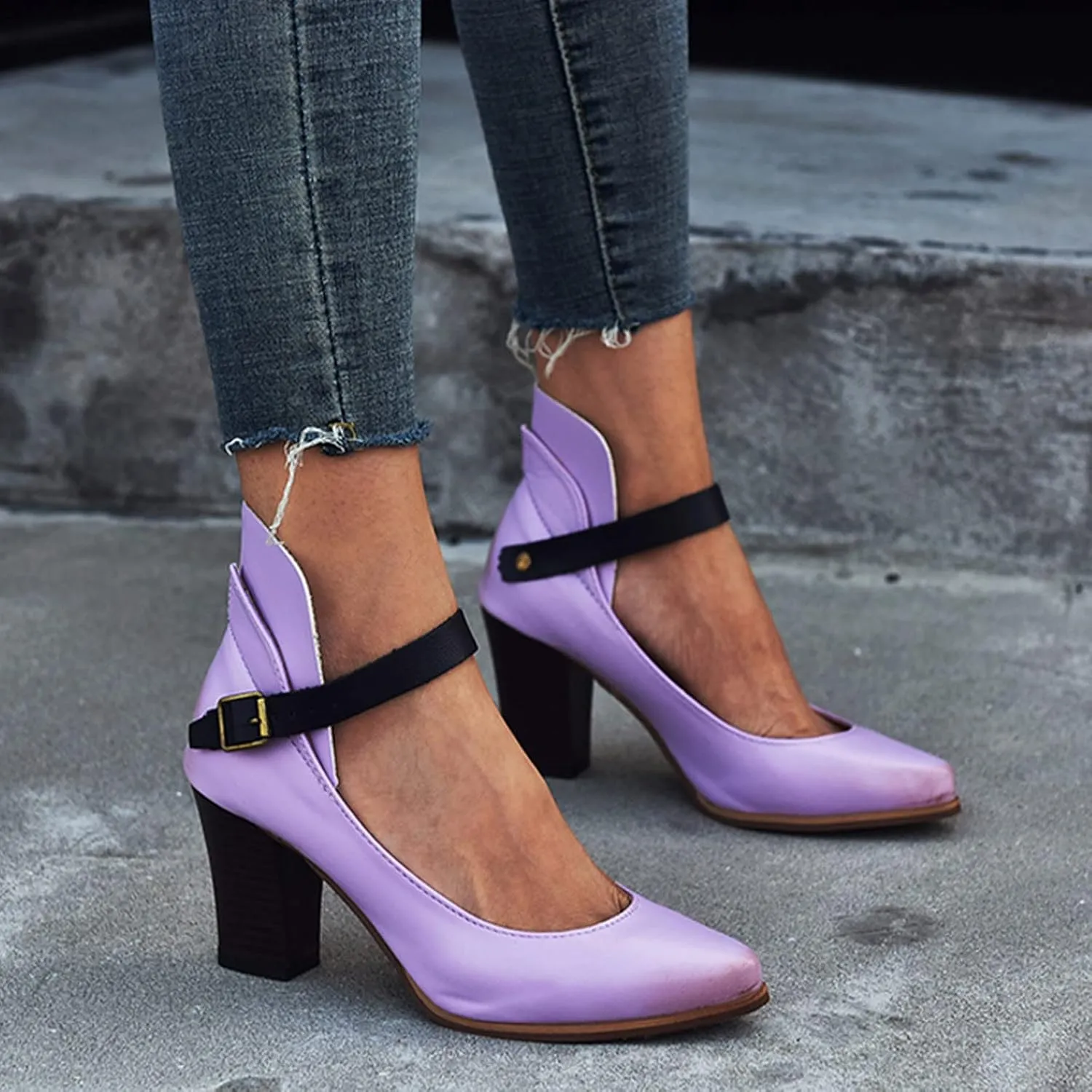 Work Shoes Shoes Single Women Shoes Leisure Toe Pointed Color Strap Heels Solid Buckle High Women's Pumps Metallic Heels
