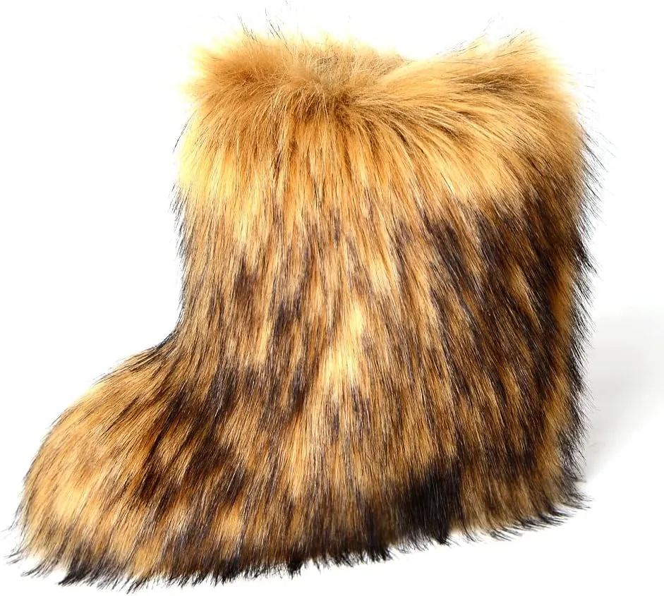 yamerbo Faux Fur Boots for Women, Fuzzy Flurry Furry Leg Warm Boots, Winter Mid-Calf Snow Shoes, Fashion and Comfortable Outdoor Comfortable Furry Girl Boots