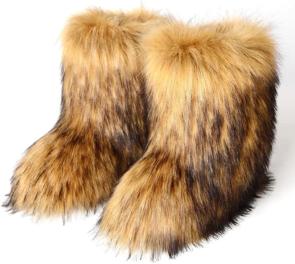 yamerbo Faux Fur Boots for Women, Fuzzy Flurry Furry Leg Warm Boots, Winter Mid-Calf Snow Shoes, Fashion and Comfortable Outdoor Comfortable Furry Girl Boots