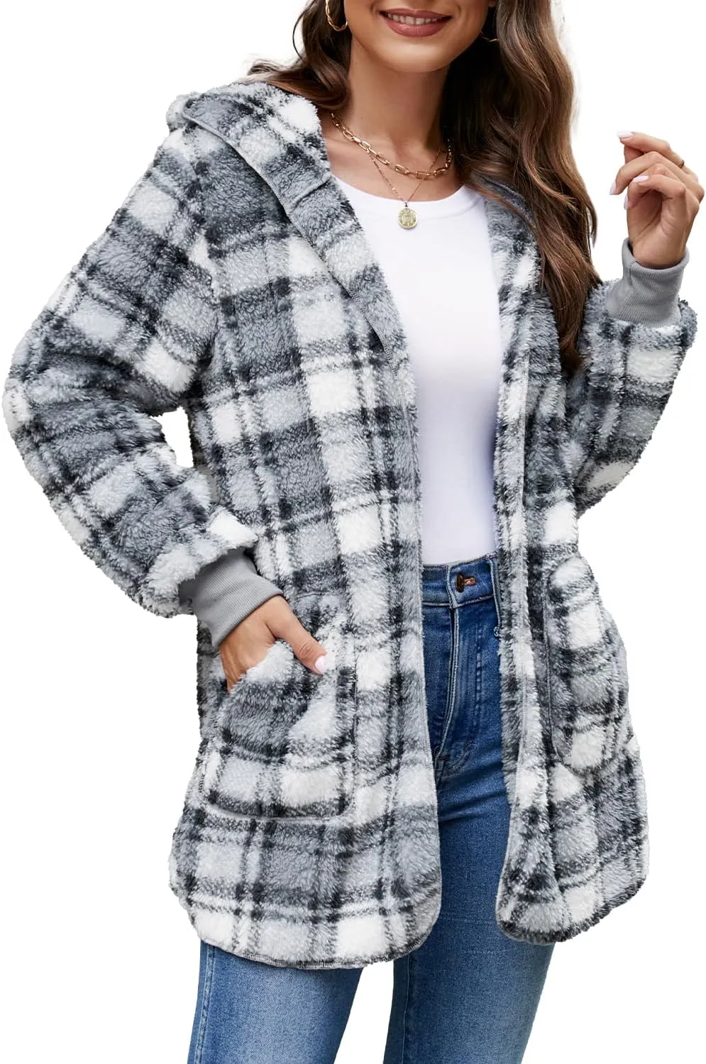 Yanekop Womens Fuzzy Fleece Jacket Open Front Hooded Cardigan Sherpa Outerwear Warm Coats with Pockets