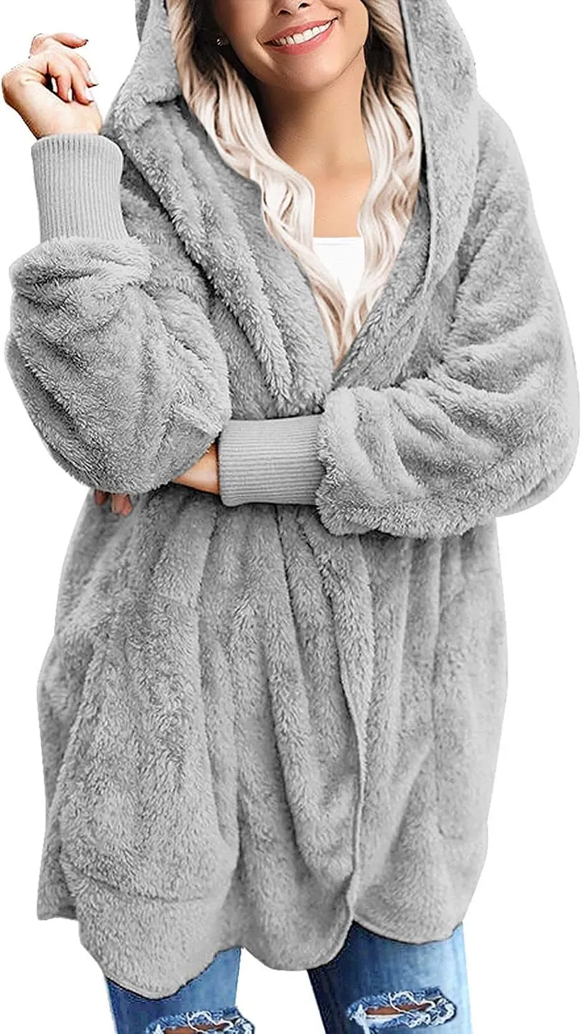 Yanekop Womens Fuzzy Fleece Jacket Open Front Hooded Cardigan Sherpa Outerwear Warm Coats with Pockets