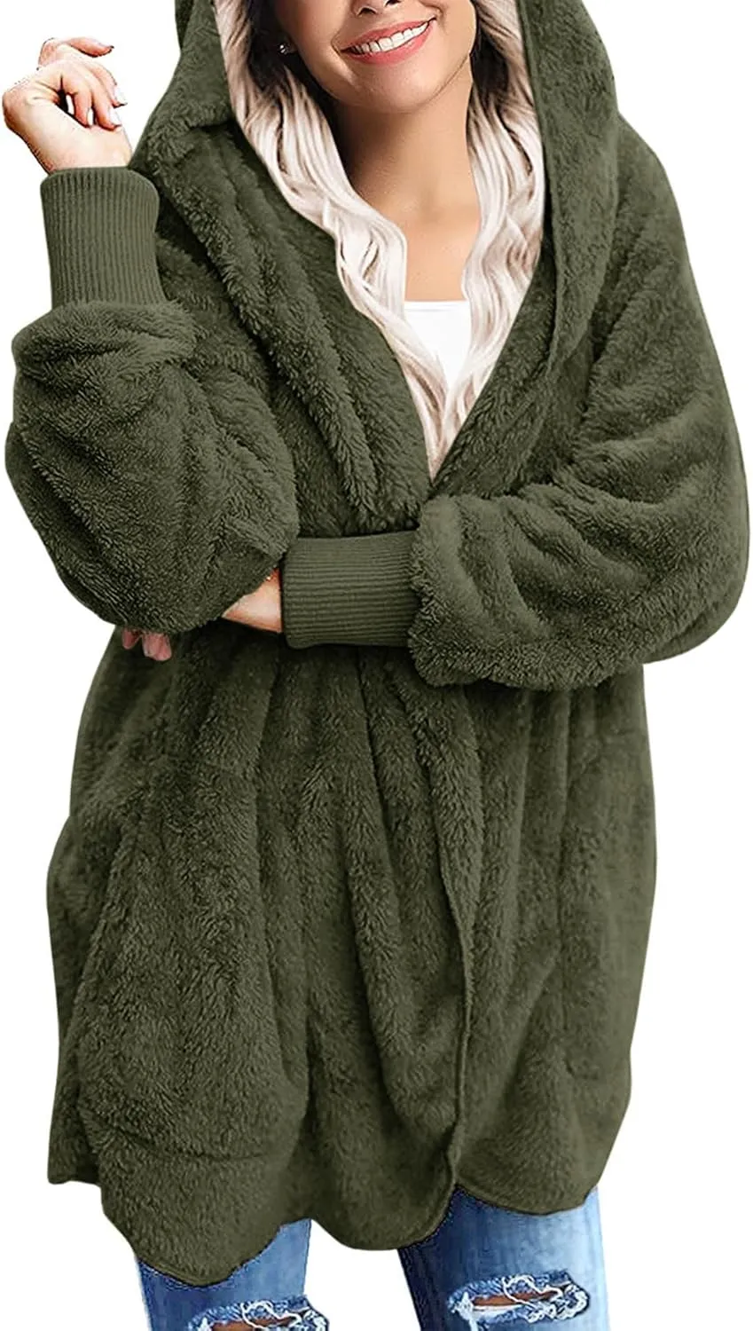 Yanekop Womens Fuzzy Fleece Jacket Open Front Hooded Cardigan Sherpa Outerwear Warm Coats with Pockets
