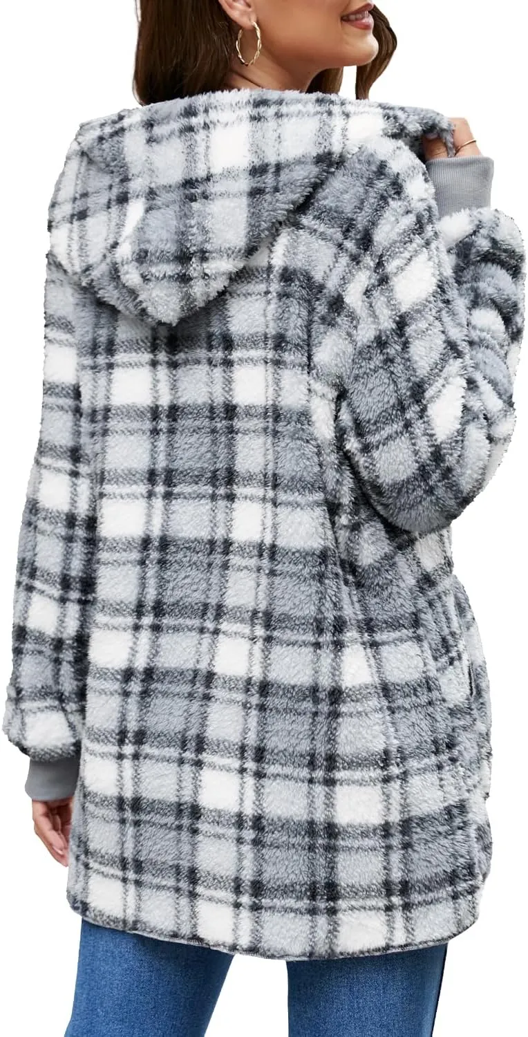 Yanekop Womens Fuzzy Fleece Jacket Open Front Hooded Cardigan Sherpa Outerwear Warm Coats with Pockets