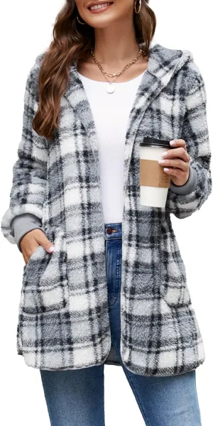 Yanekop Womens Fuzzy Fleece Jacket Open Front Hooded Cardigan Sherpa Outerwear Warm Coats with Pockets
