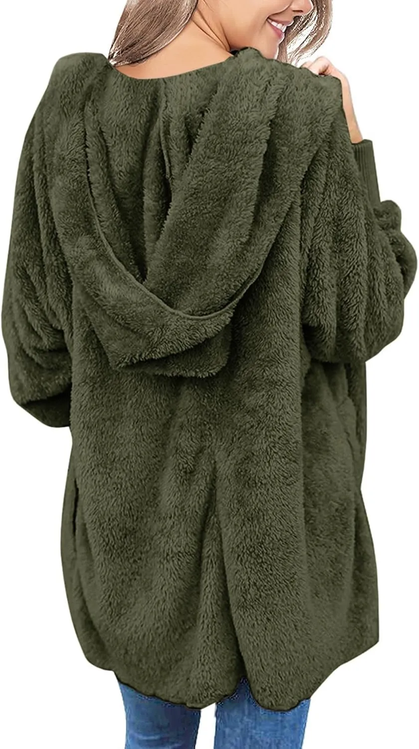 Yanekop Womens Fuzzy Fleece Jacket Open Front Hooded Cardigan Sherpa Outerwear Warm Coats with Pockets