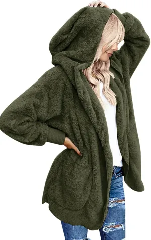 Yanekop Womens Fuzzy Fleece Jacket Open Front Hooded Cardigan Sherpa Outerwear Warm Coats with Pockets