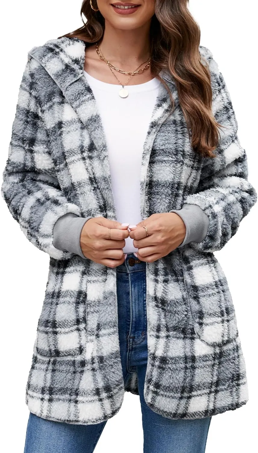 Yanekop Womens Fuzzy Fleece Jacket Open Front Hooded Cardigan Sherpa Outerwear Warm Coats with Pockets