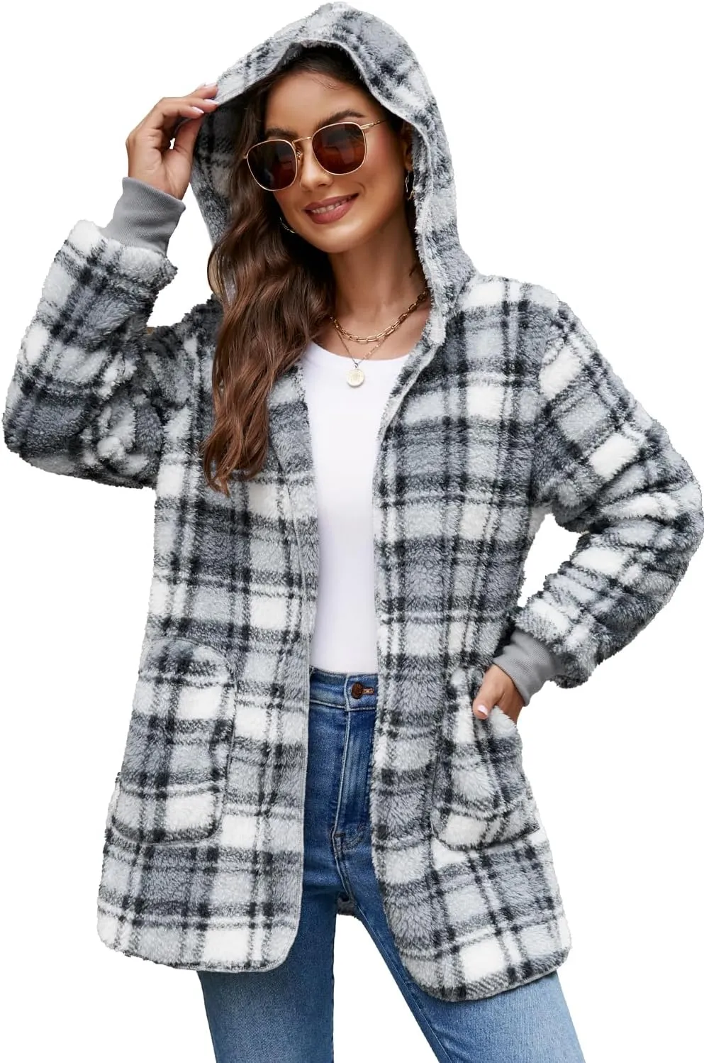 Yanekop Womens Fuzzy Fleece Jacket Open Front Hooded Cardigan Sherpa Outerwear Warm Coats with Pockets