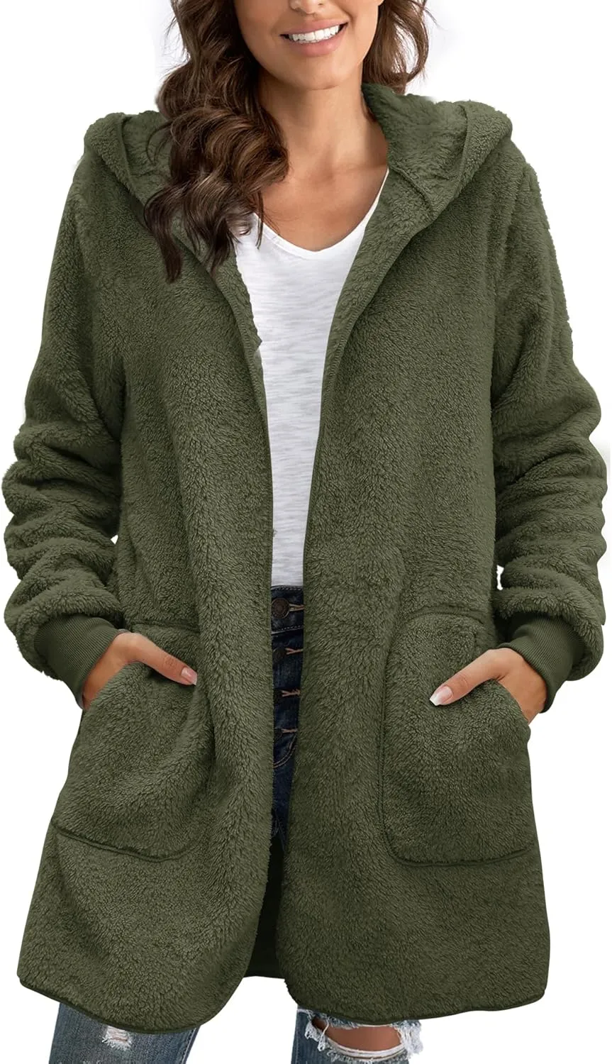 Yanekop Womens Fuzzy Fleece Jacket Open Front Hooded Cardigan Sherpa Outerwear Warm Coats with Pockets