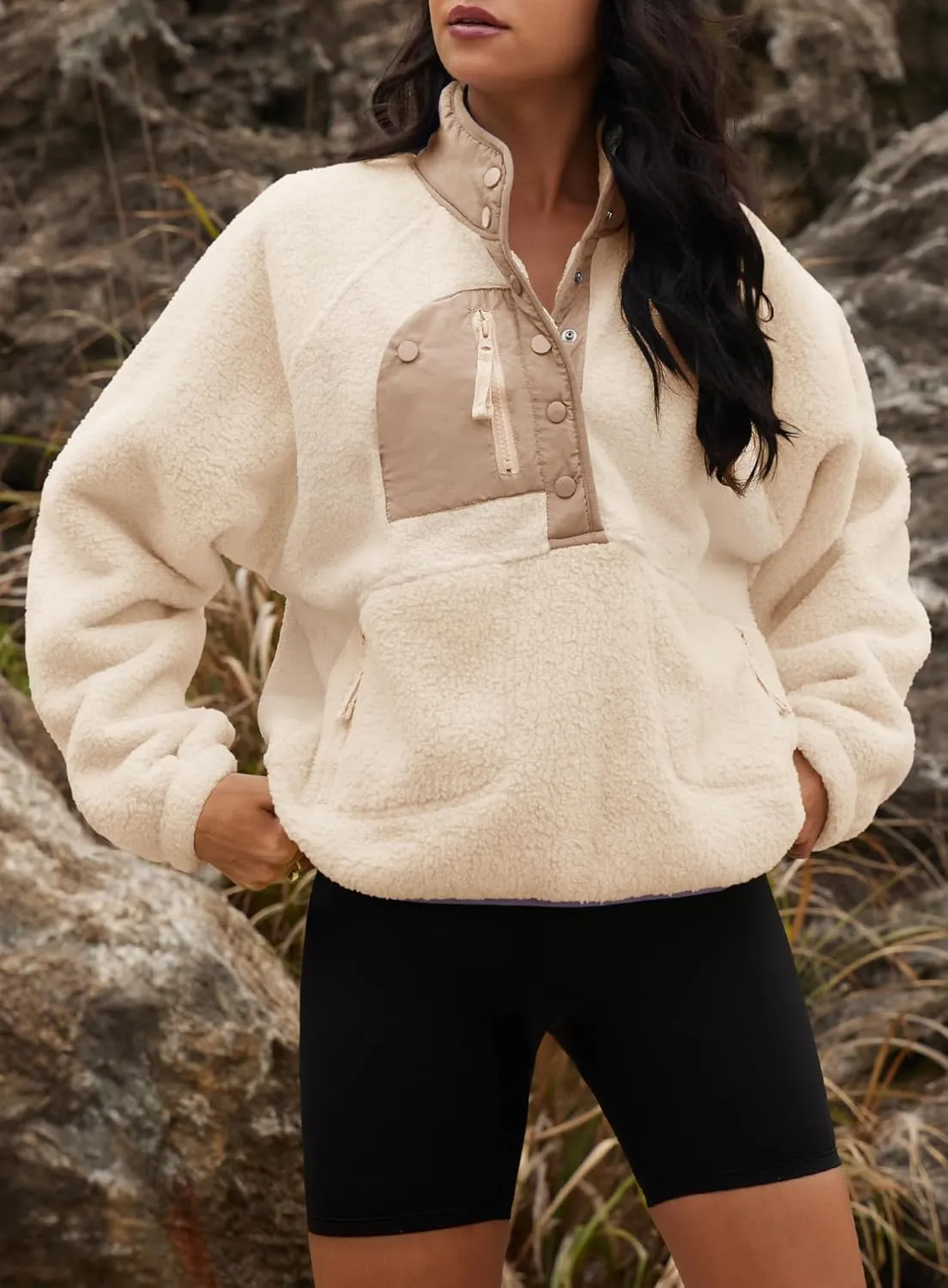 Yanekop Womens Fuzzy Fleece Pullover Sherpa Sweatshirt Long Sleeve Button Down Sweater Jacket with Pockets