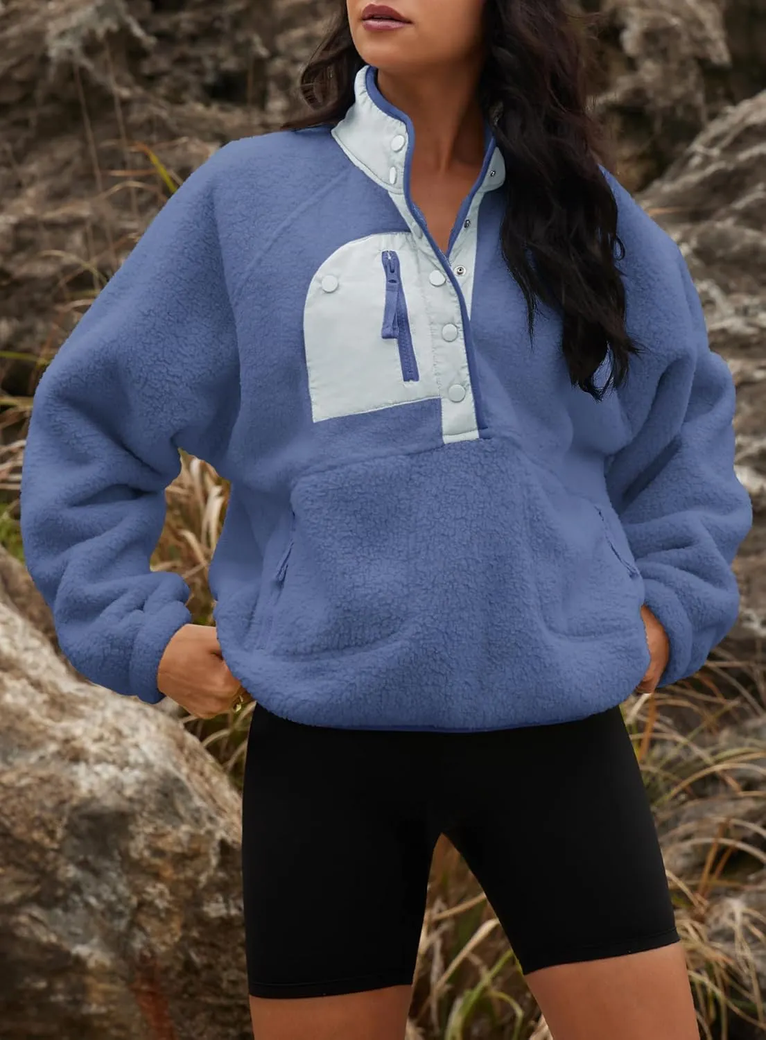 Yanekop Womens Fuzzy Fleece Pullover Sherpa Sweatshirt Long Sleeve Button Down Sweater Jacket with Pockets