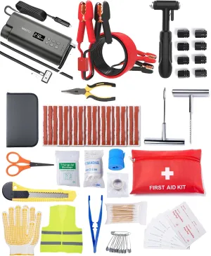 YANTU 111-Piece Car Emergency Kit - Tire Inflator Portable Air Compressor & Jumper Cables for Car - Winter Auto Assistance Kit with Tow Straps, Car Safety Hammer, Tire Repair Kit, & First Aid Kit