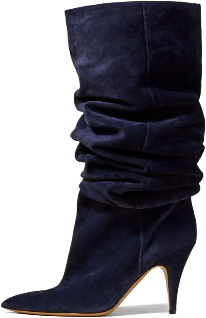 YDN Women Cozy Slouchy Closed Toe Knee High Boots Mid High Heel Pull On Wide Calf Booties Warm Party Dating Shoes Size 4-16 US
