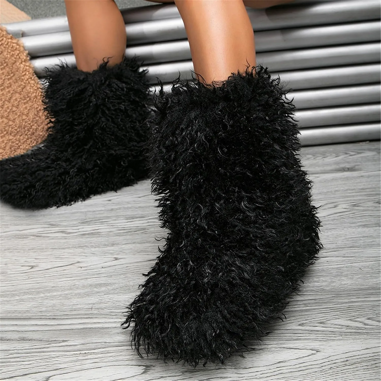 YESBOR Women's Curly Faux Fur Snow Boots Fluffy Fuzzy Furry Winter Outdoor Flat Booties