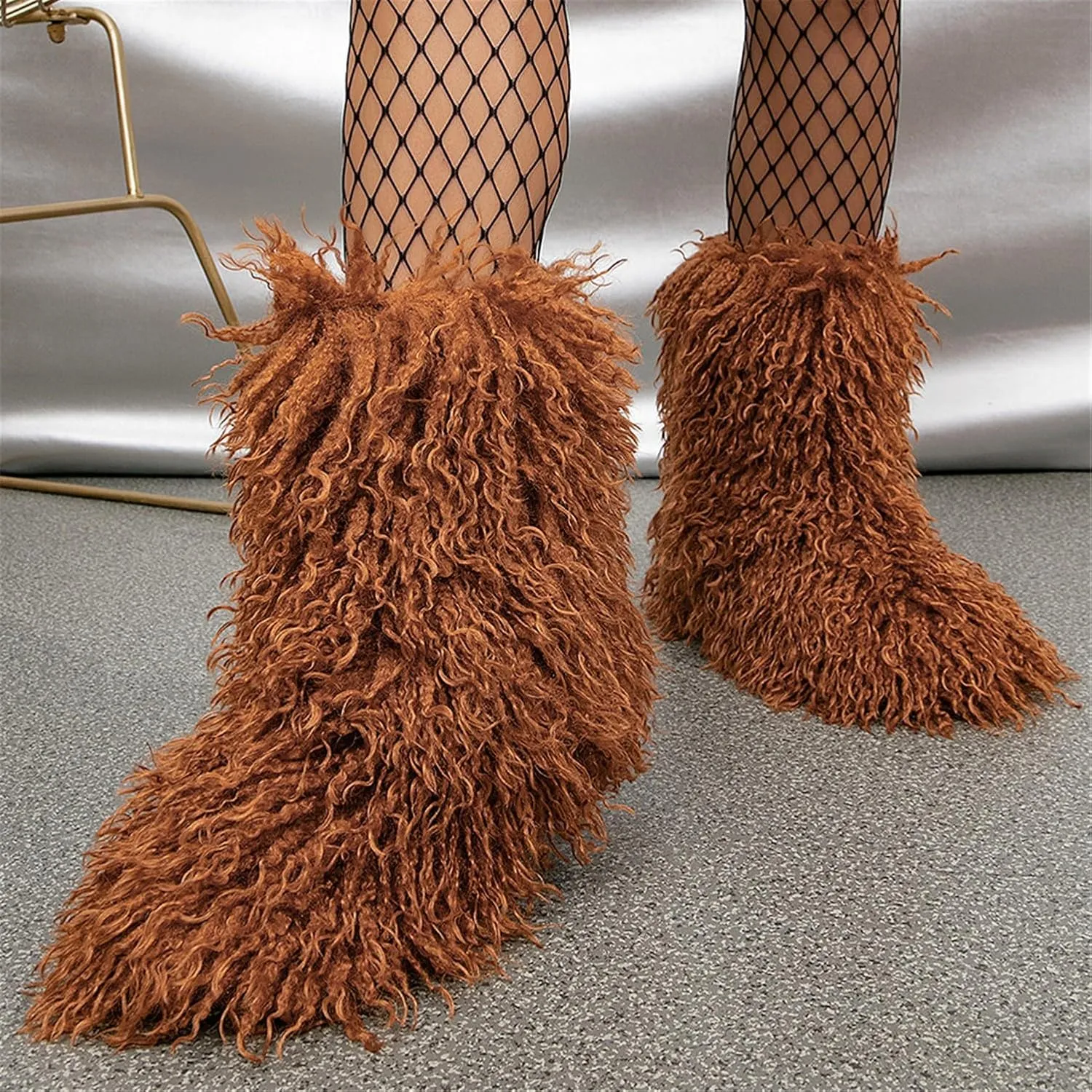 YESBOR Women's Curly Faux Fur Snow Boots Fluffy Fuzzy Furry Winter Outdoor Flat Booties