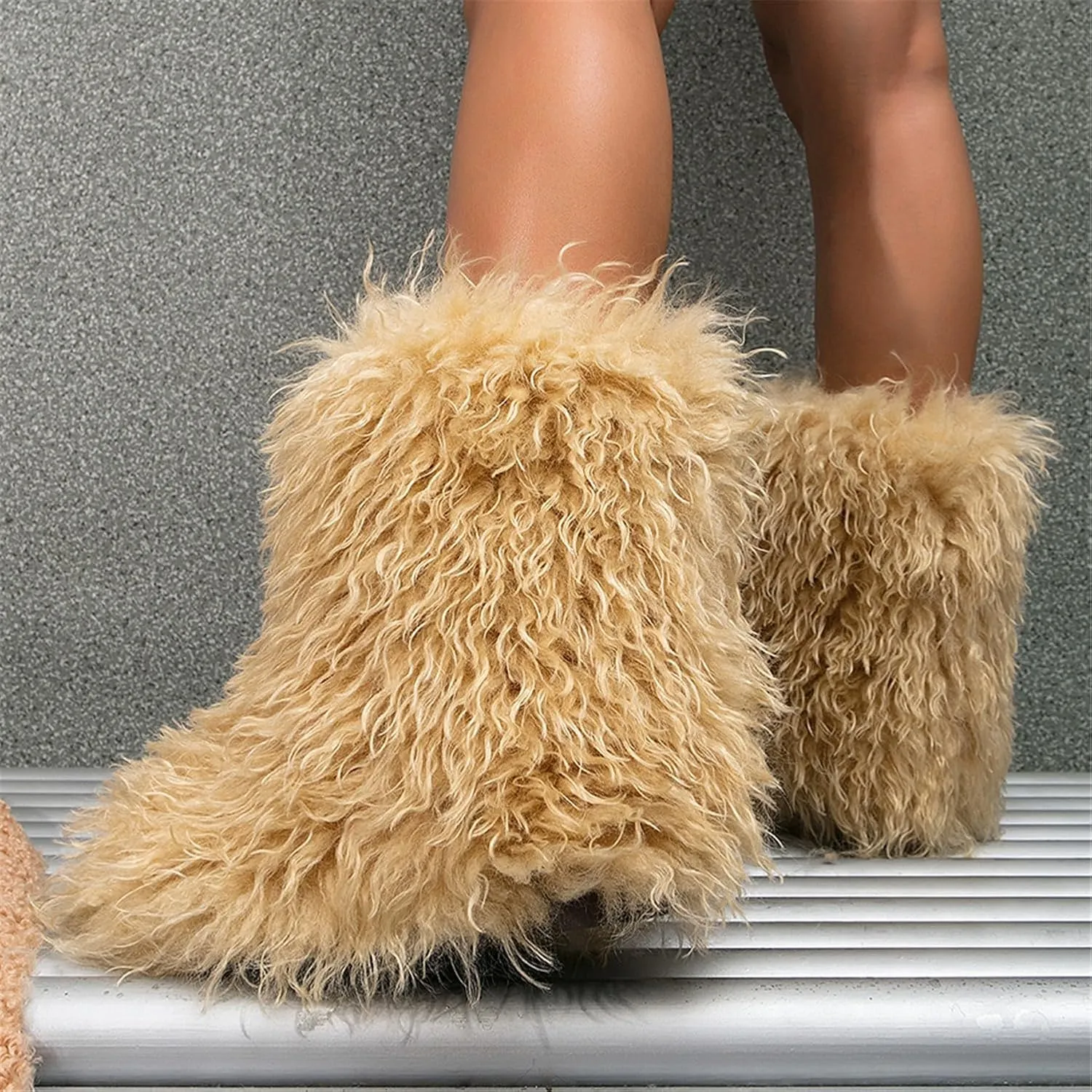 YESBOR Women's Curly Faux Fur Snow Boots Fluffy Fuzzy Furry Winter Outdoor Flat Booties