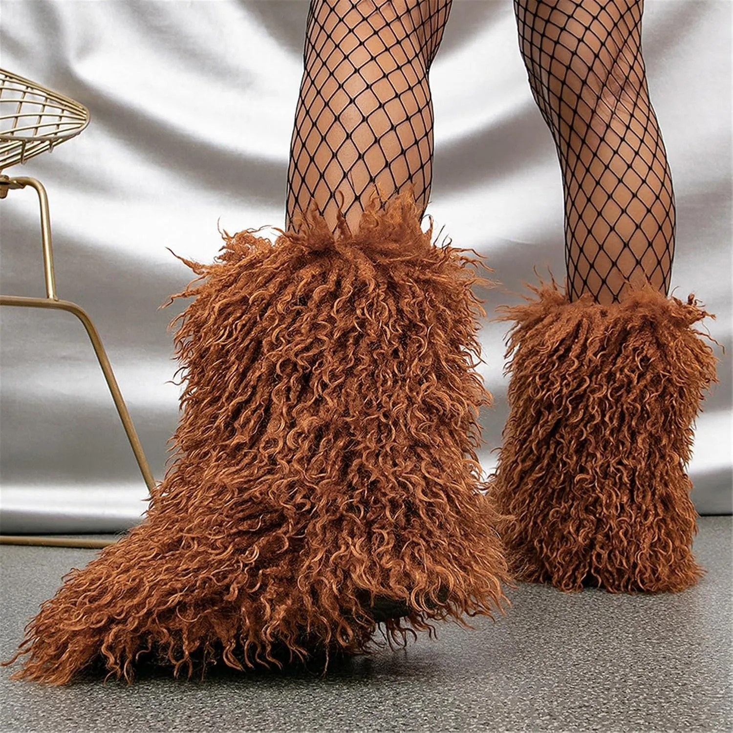 YESBOR Women's Curly Faux Fur Snow Boots Fluffy Fuzzy Furry Winter Outdoor Flat Booties