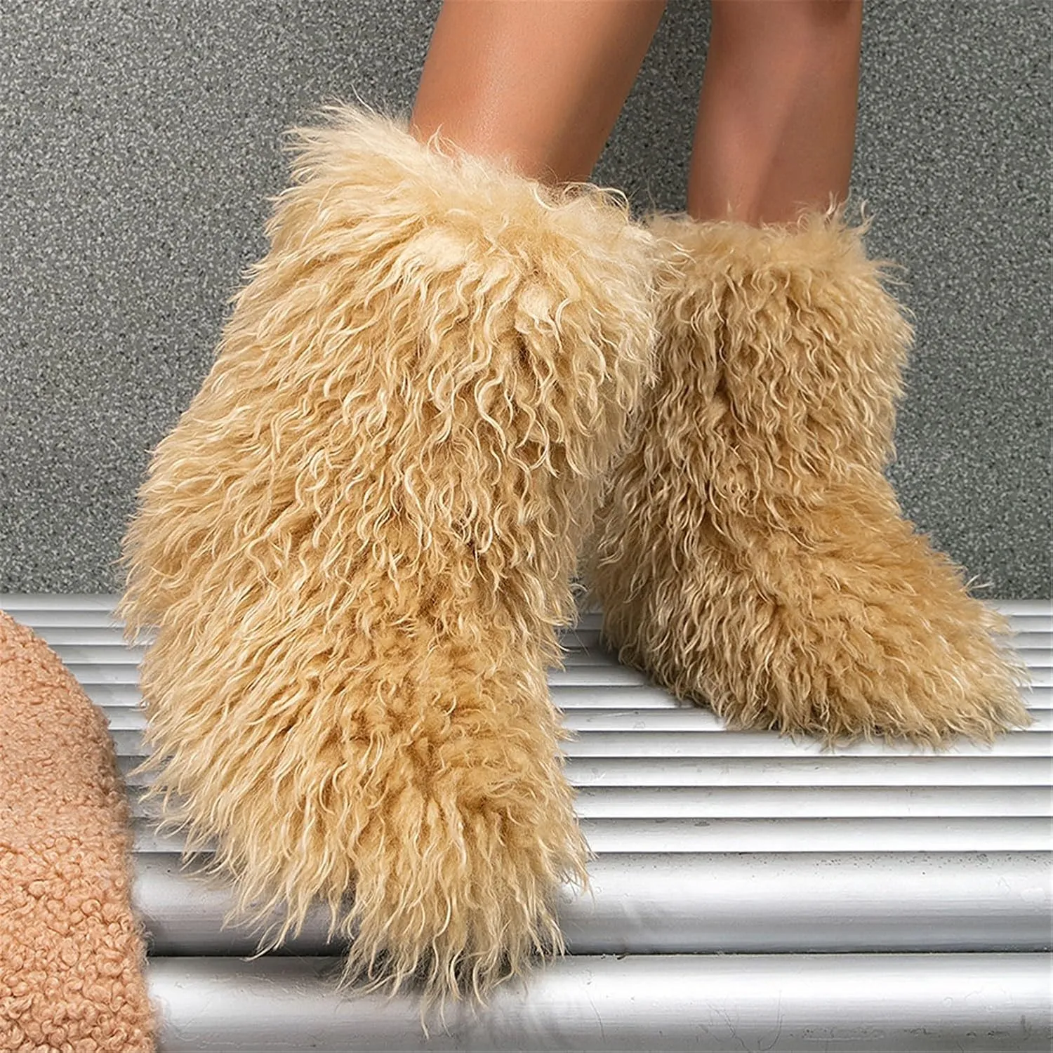 YESBOR Women's Curly Faux Fur Snow Boots Fluffy Fuzzy Furry Winter Outdoor Flat Booties