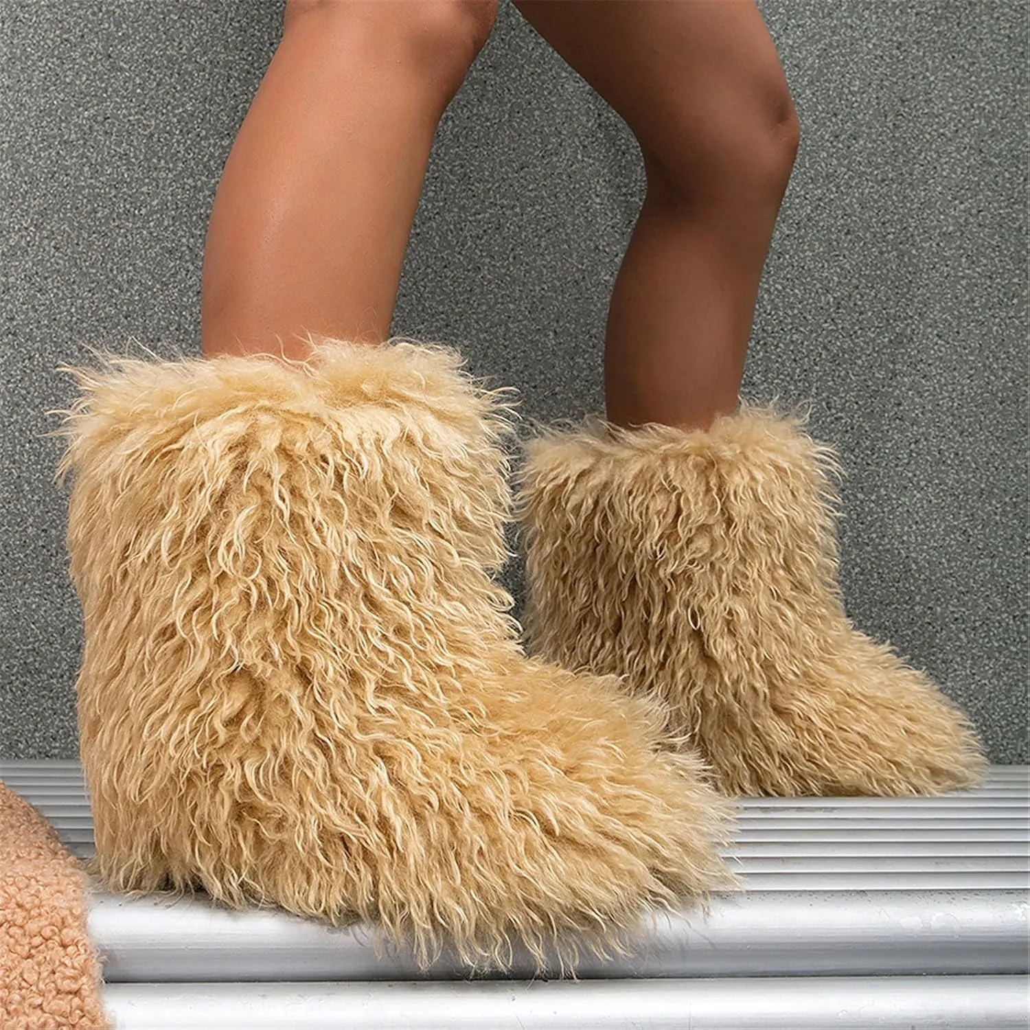 YESBOR Women's Curly Faux Fur Snow Boots Fluffy Fuzzy Furry Winter Outdoor Flat Booties
