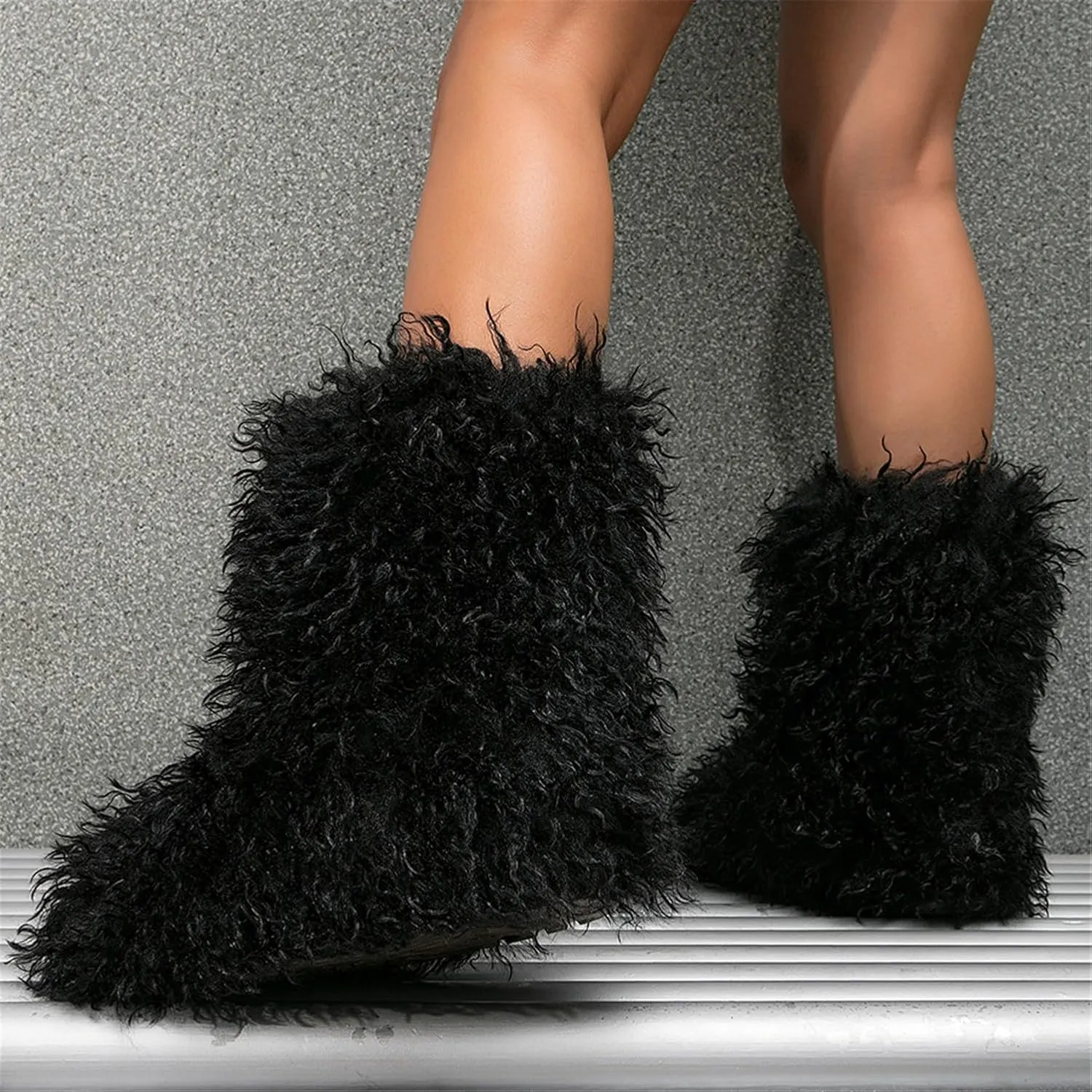 YESBOR Women's Curly Faux Fur Snow Boots Fluffy Fuzzy Furry Winter Outdoor Flat Booties